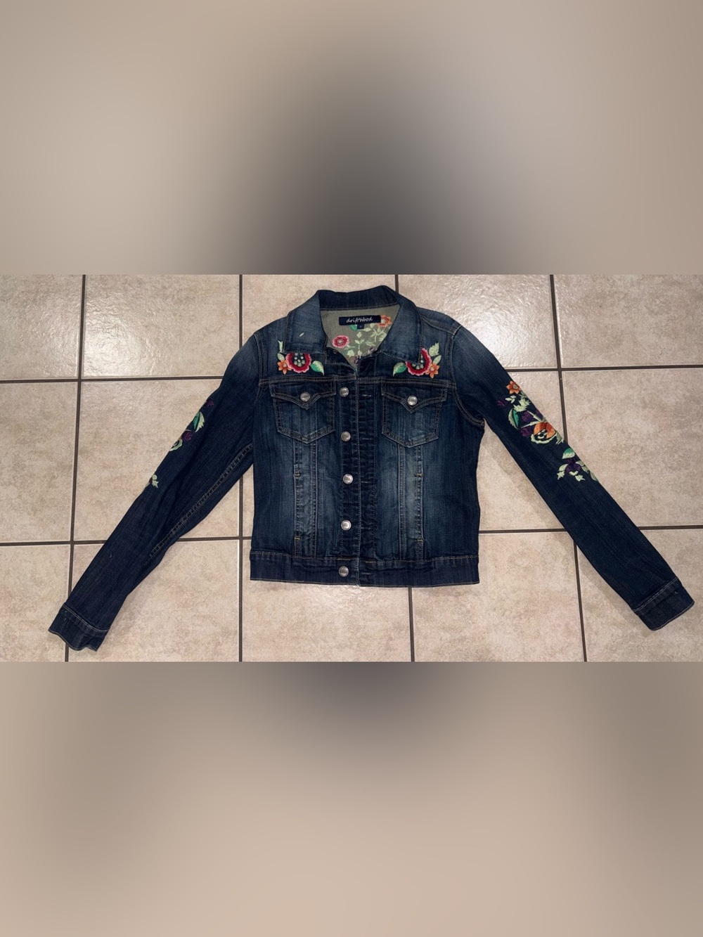 DRIFTWOOD Dark Blue Denim Jacket with Floral Embroidery small
